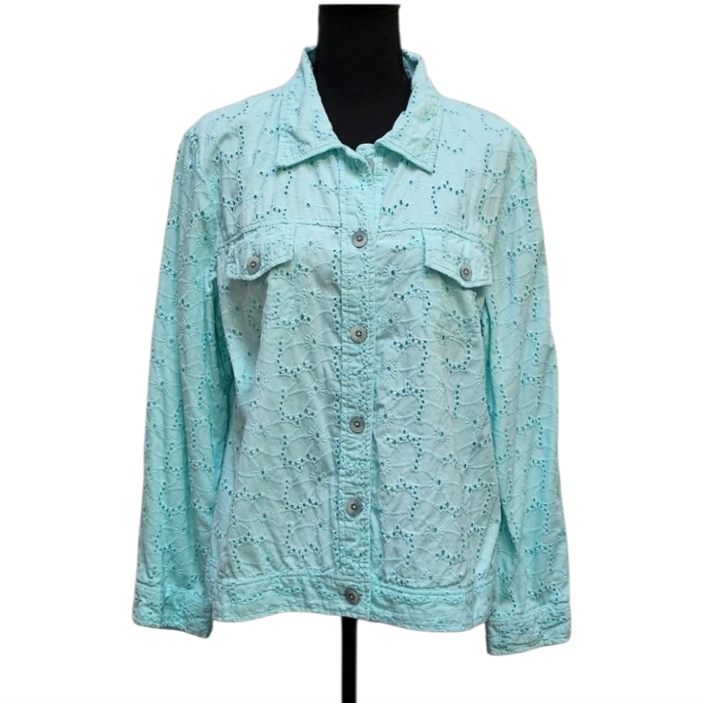Appleseed's Petite Light Teal Eyelet Button Up 100% Cotton Jacket Sz PXL